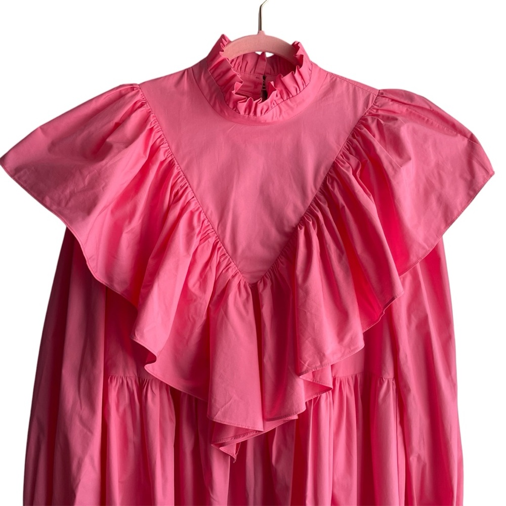 ASOS EDITION High neck Ruffle Mini dress Size 10 Pink Romantic Oversized Cuffs - Picture 4 of 10